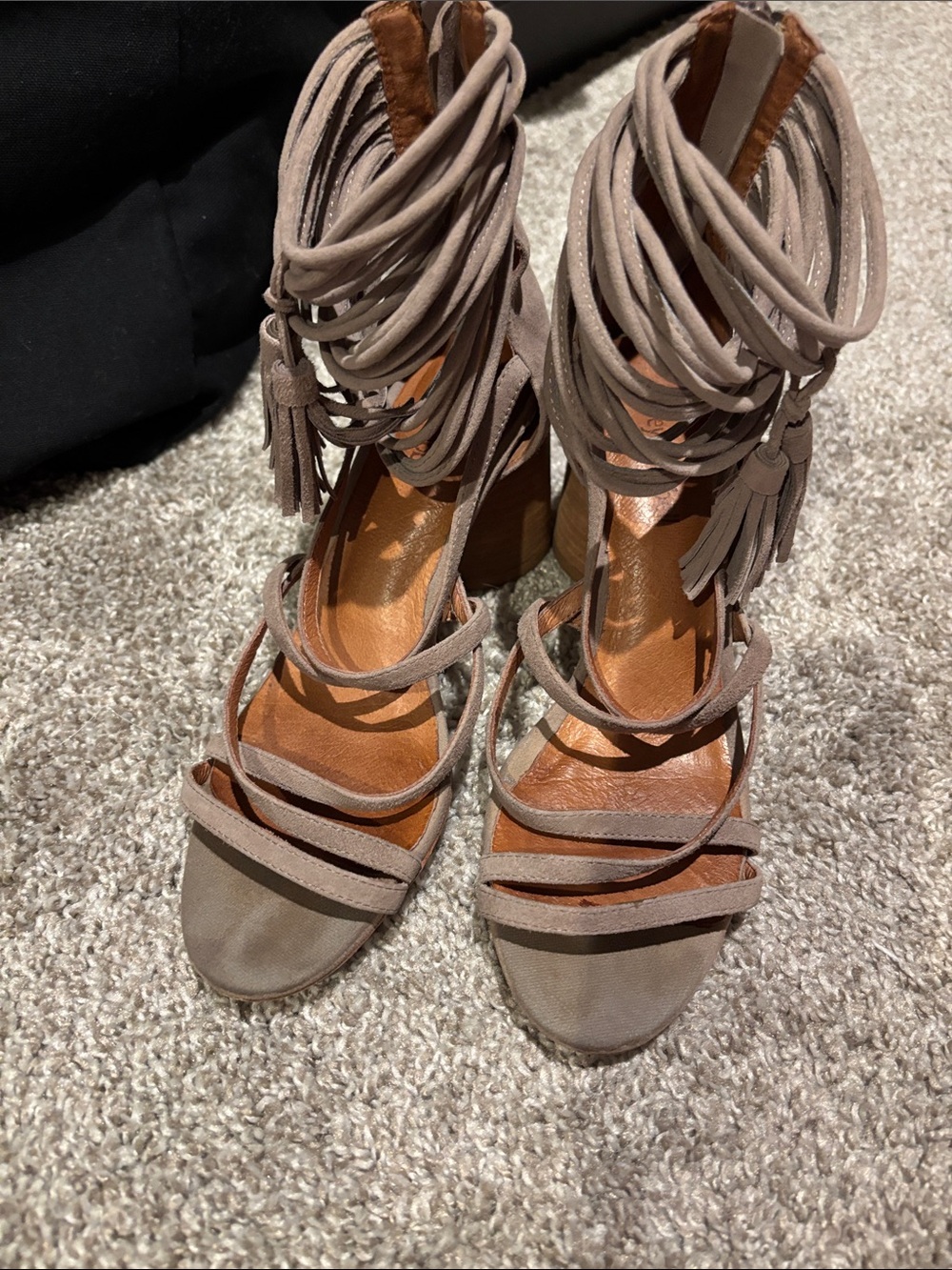 Jeffrey Campbell Womens Back Zip Block Heel Fringe Strappy Sandals Brown 6.5